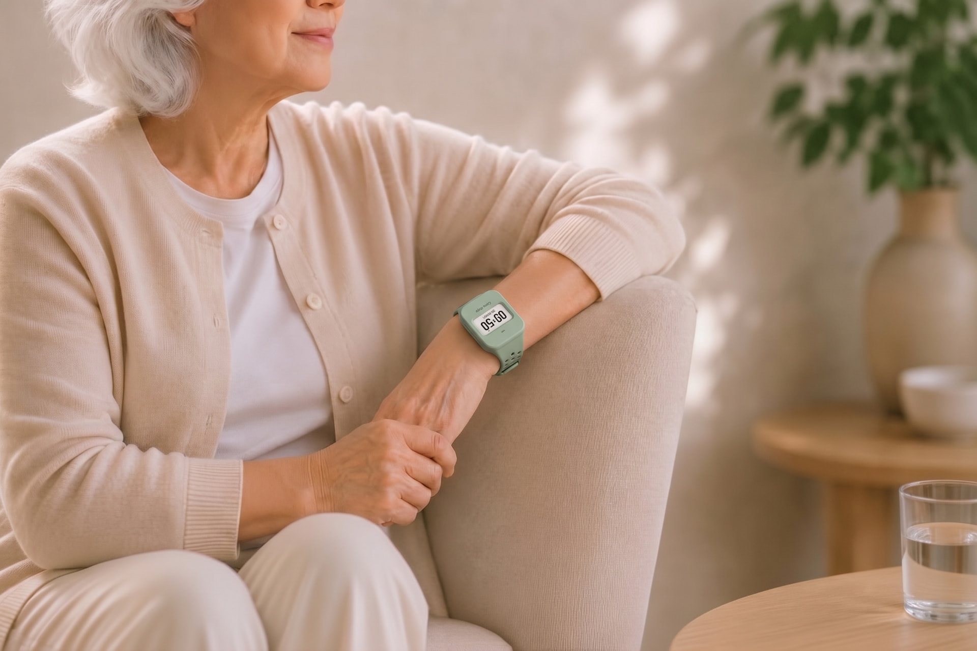 Older adult wearing a Mojo Pod on a sage Mojo Band, sitting peacefully at home